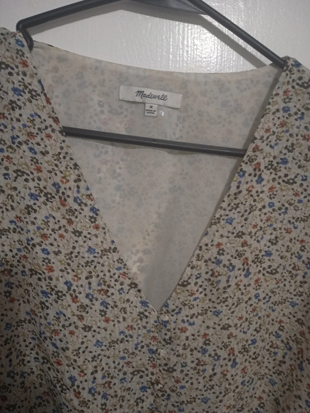 Madewell Cream Floral V-Neck Peplum Blouse with Blue & Rust Flecks